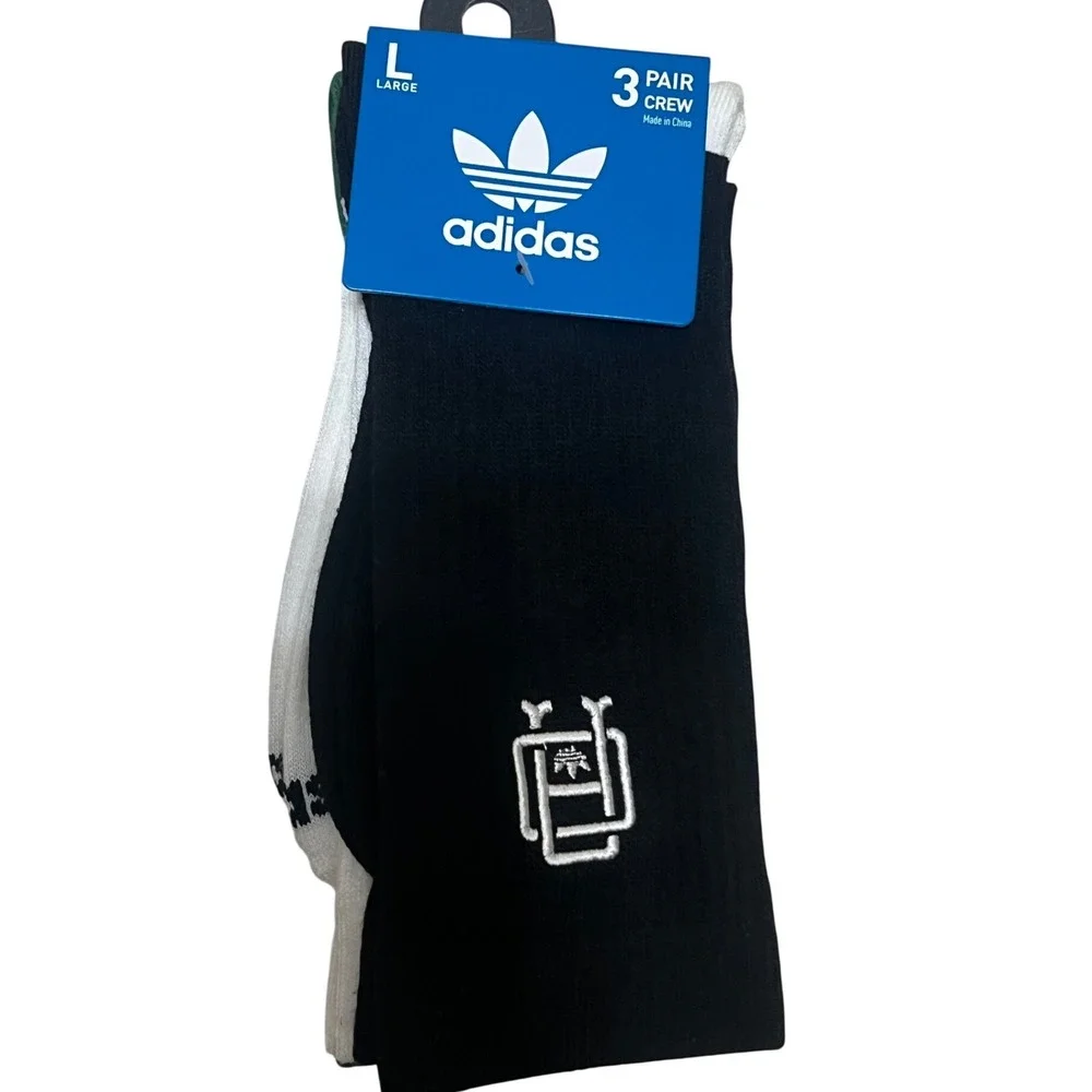 Adidas Originals 3 Pack Crew Socks Black Off‎ White Collegiate Green JJ7507C L
